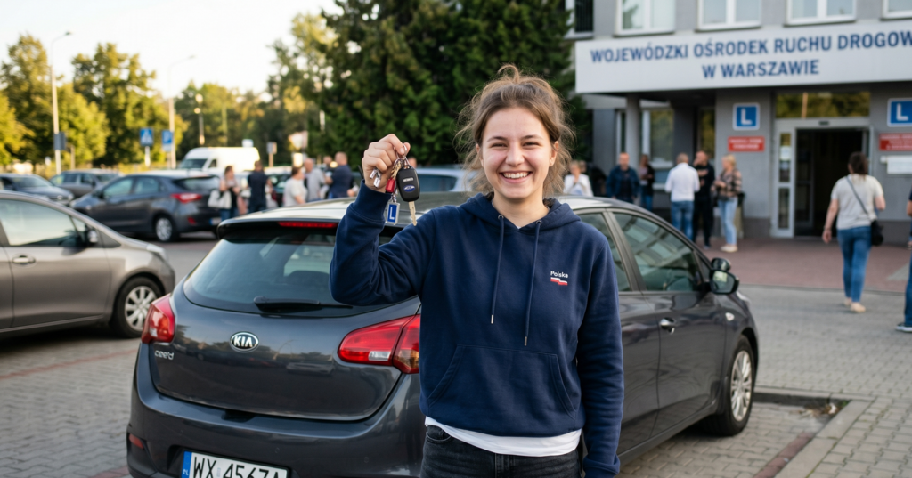 Młody kierowca z kluczykami do samochodu – pierwsza polisa OC