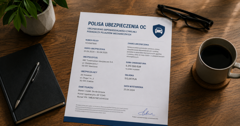 Dokument polisy OC na biurku – wznowienie ubezpieczenia komunikacyjnego