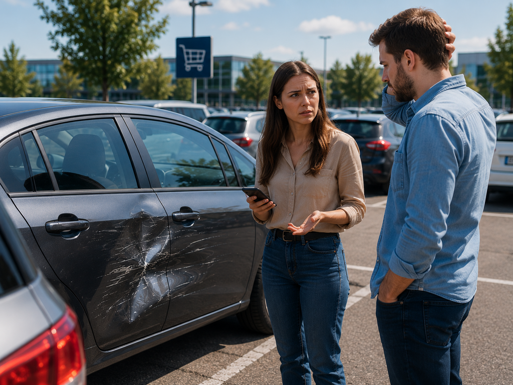 Kierowca fotografuje uszkodzenie auta smartfonem – dokumentacja szkody parkingowej