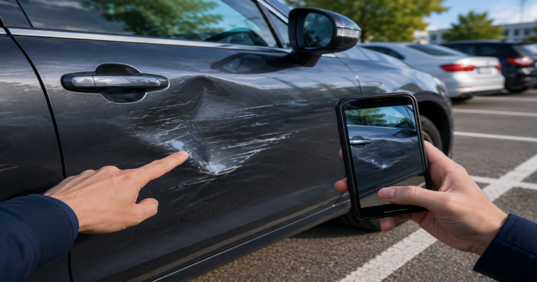 Wgniecenie w drzwiach samochodu po szkodzie parkingowej