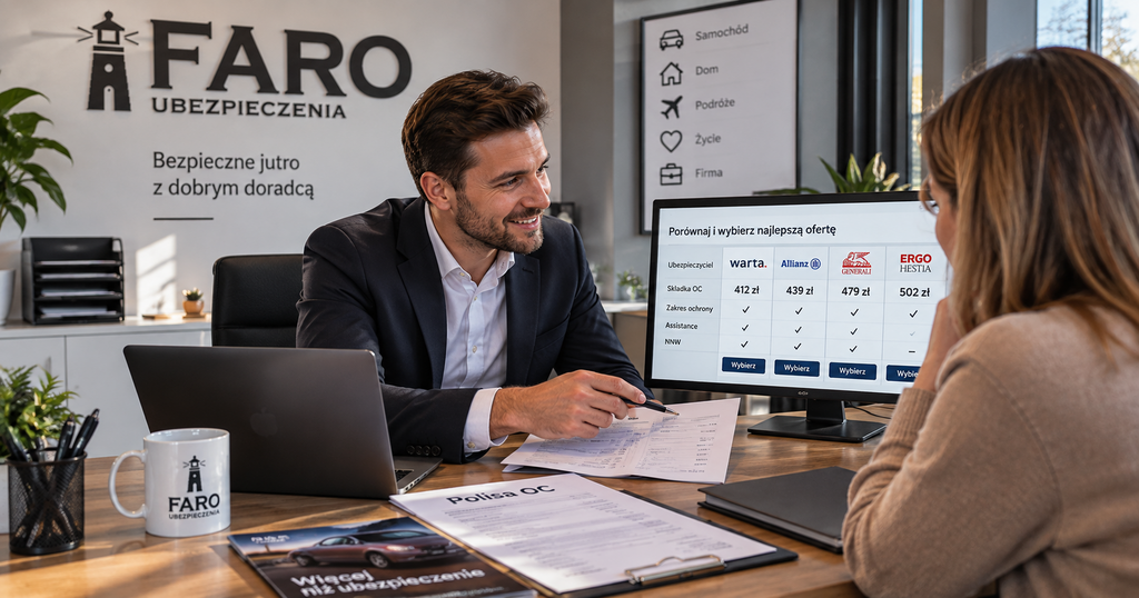 Doradca Faro Ubezpieczenia analizuje składkę OC dla klienta