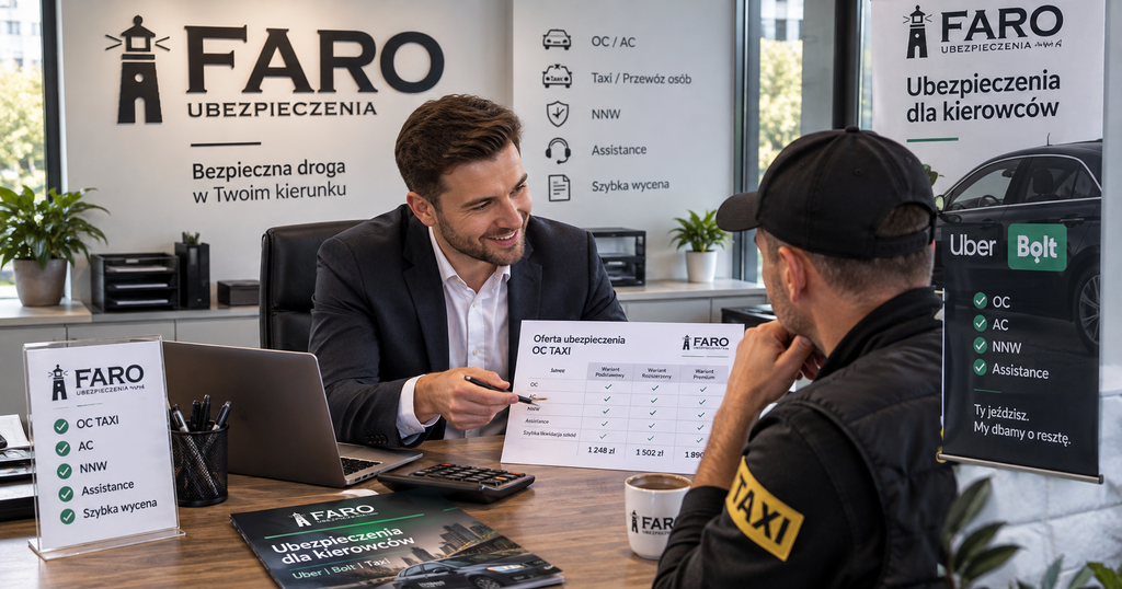 Agent Faro Ubezpieczenia doradza kierowcy Uber Bolt przy wyborze OC TAXI
