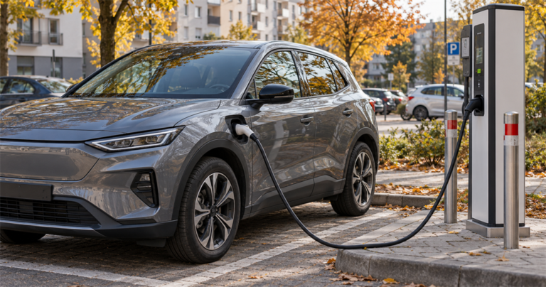 Samochód elektryczny podłączony do publicznej stacji ładowania